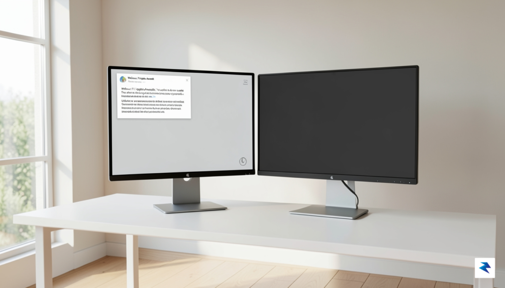 A modern, minimalist home office setup with a dual-monitor Windows&hellip;