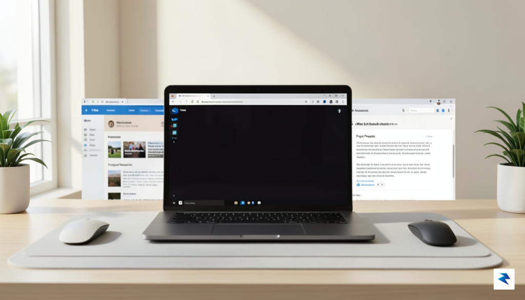 A clean, minimalist workspace showing a professional laptop running a&hellip;