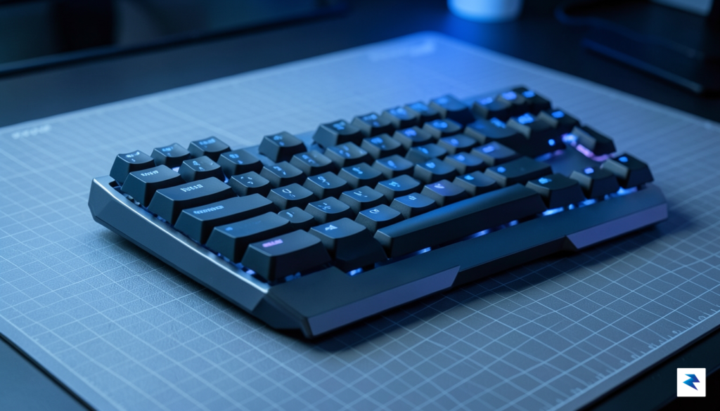 A high-angle, cinematic shot of a customized Wooting 60HE v2&hellip;