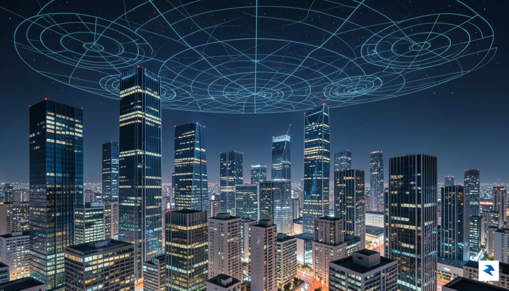 A conceptual digital illustration showing a modern, glass-walled city skyline&hellip;