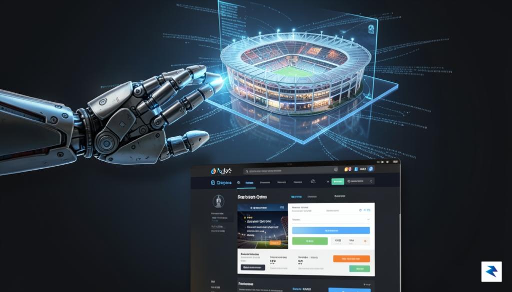 A conceptual digital illustration showing a glowing robotic hand interacting…