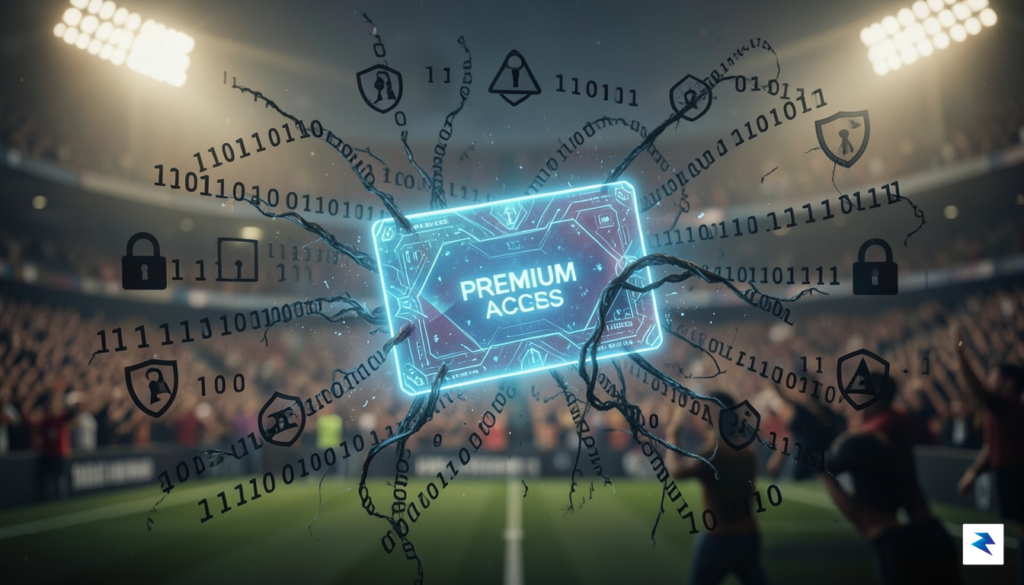 A digital security concept art showing a glowing, holographic ticket…