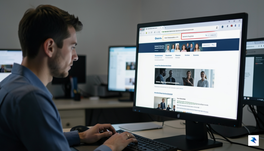 A digital security analyst looking at a split-screen computer monitor…