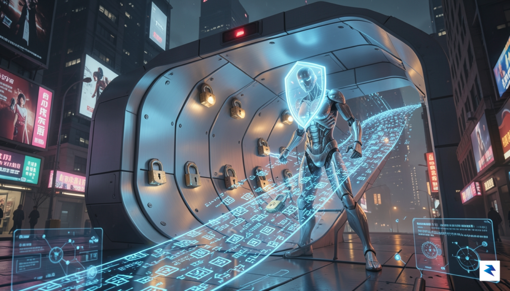 A conceptual digital illustration of a secure gateway, showing a&hellip;