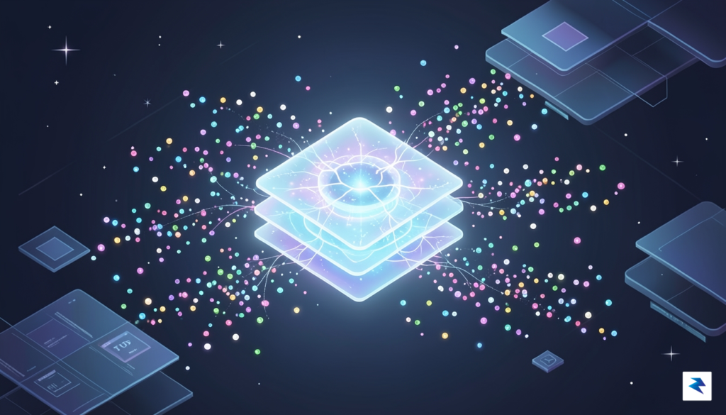 A conceptual digital illustration showing a glowing, multi-layered neural network&hellip;