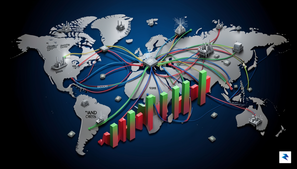 A stylized graphic depicting a complex global supply chain network&hellip;