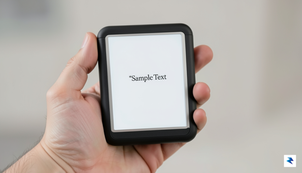 A minimalist, tiny e-reader held comfortably in one hand, demonstrating&hellip;