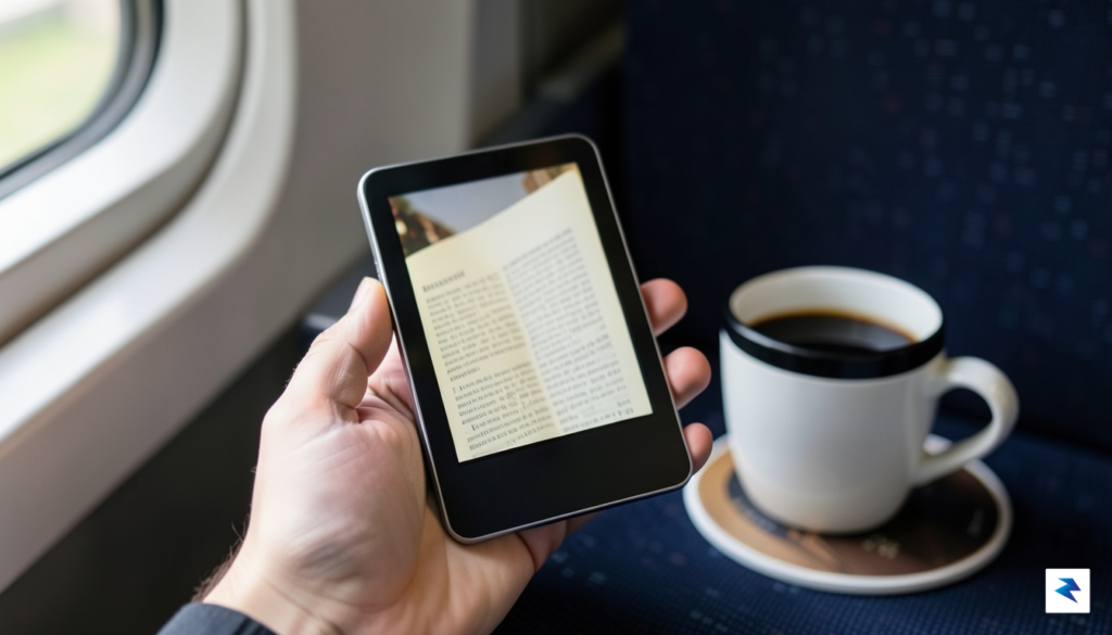 A high-quality close-up photograph of a small, sleek e-reader held&hellip;