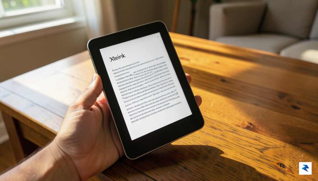 A sleek, minimalist Xteink e-reader held in one hand, displaying&hellip;