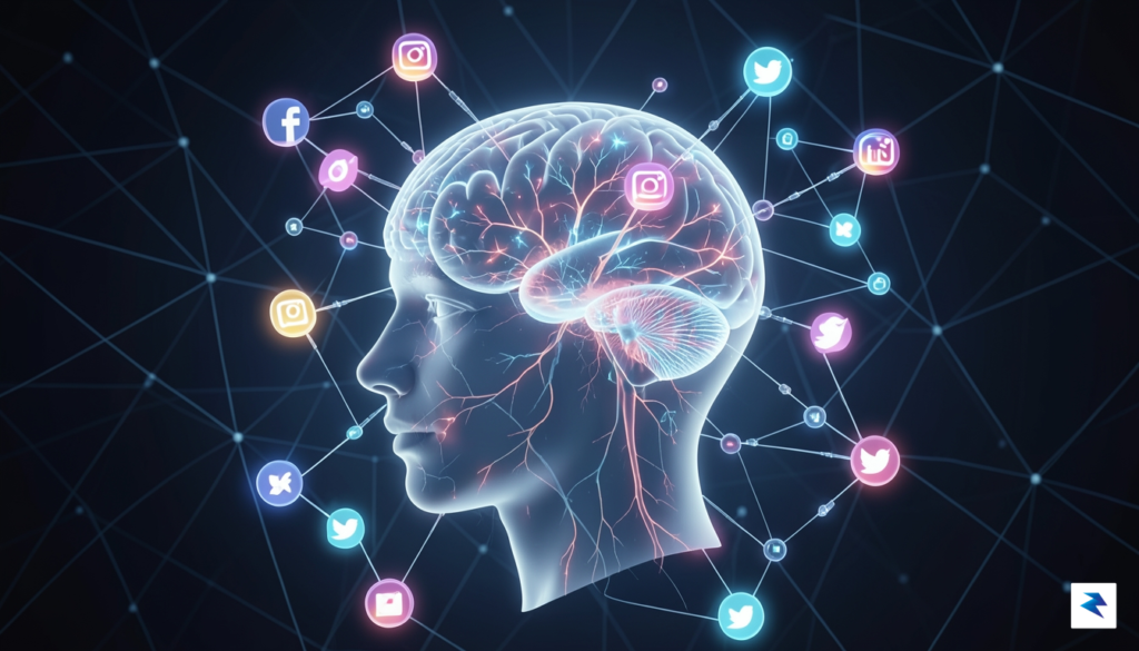 A conceptual digital illustration showing a translucent human head connected&hellip;
