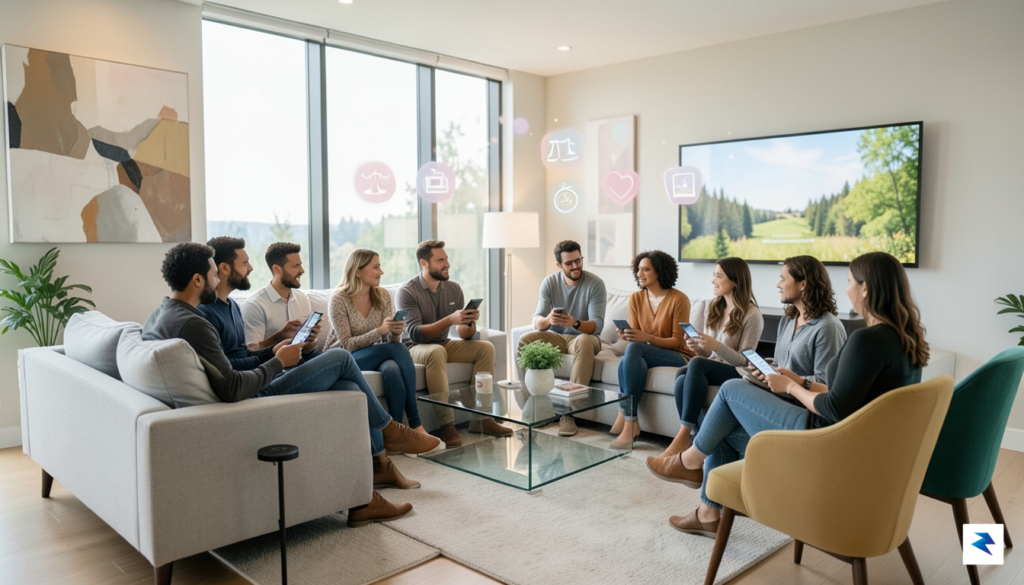A diverse group of people sitting in a modern, bright&hellip;