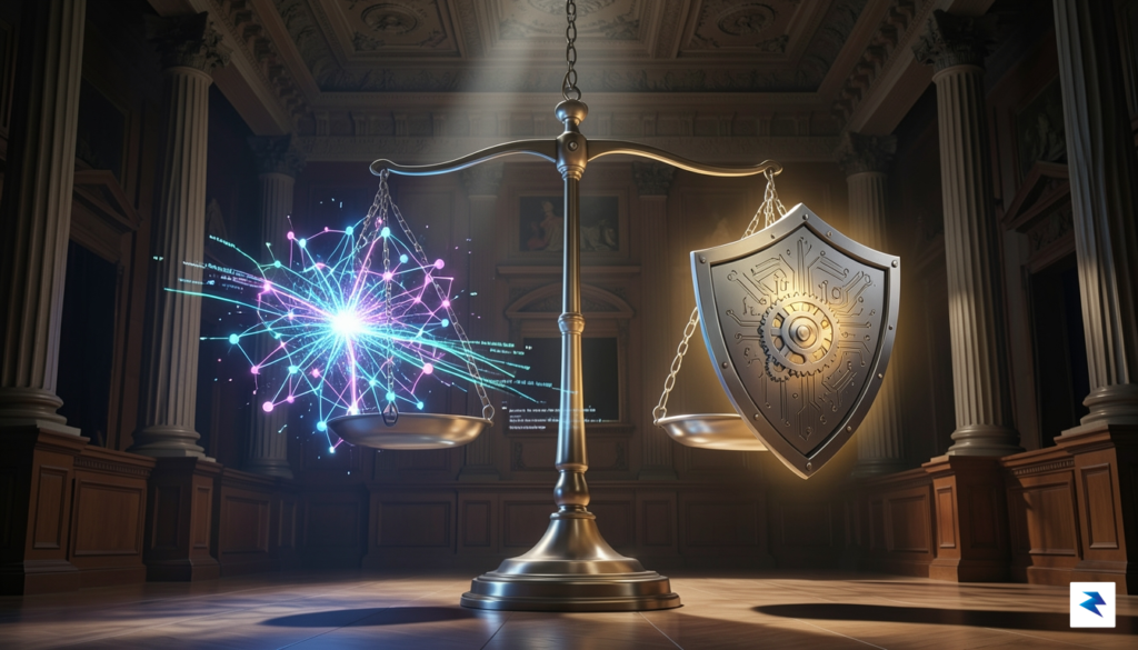 A conceptual illustration of a digital scale balancing a complex&hellip;