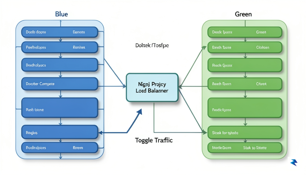 A technical diagram showing two parallel Docker Compose stacks, 'Blue'&hellip;