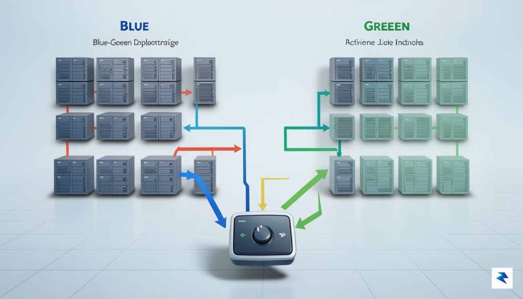 A conceptual diagram showing two identical server clusters labeled Blue&hellip;