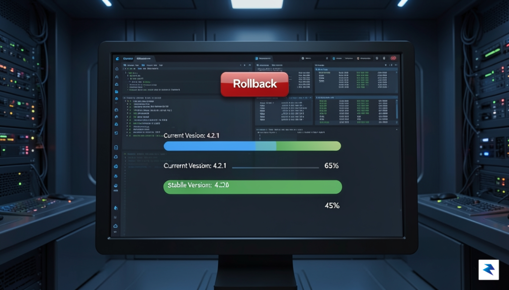 A technical dashboard showing a red emergency "Rollback" button on&hellip;