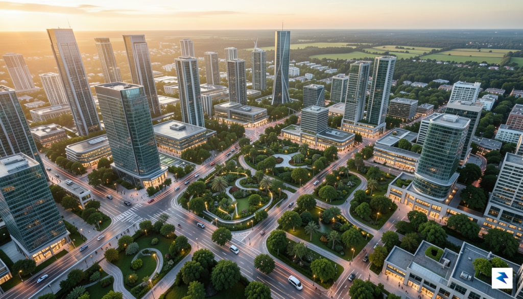 An aerial view of a futuristic city with minimal cars,&hellip;