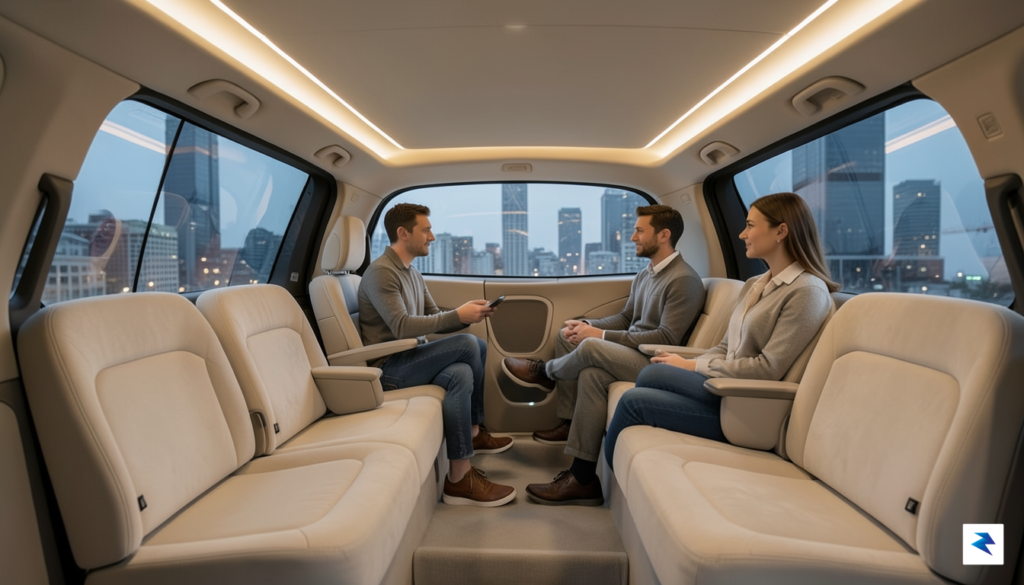 A wide-angle interior shot of a Zoox robotaxi cabin, showcasing&hellip;
