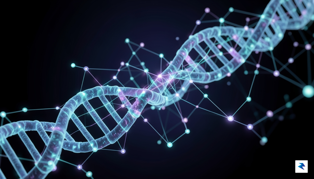 A digital visualization of a DNA double helix merging with…