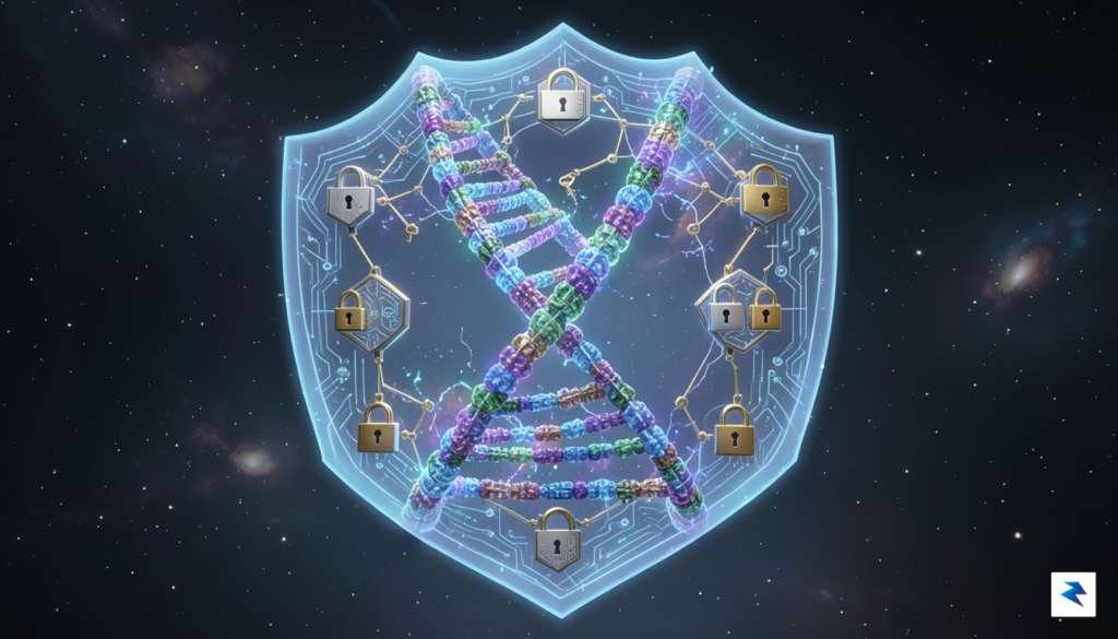 A conceptual digital illustration showing a complex DNA double helix…