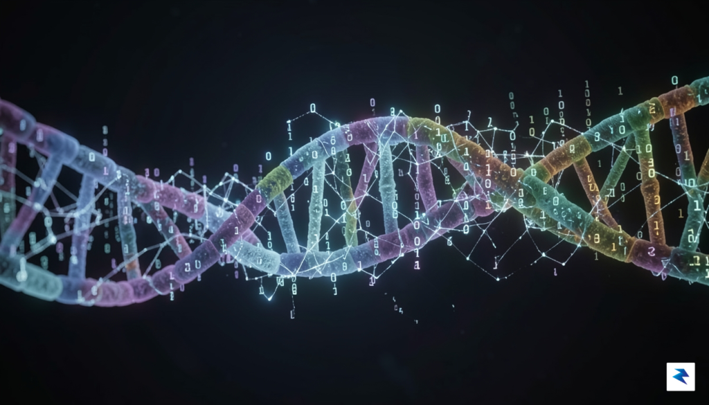 A digital visualization of a DNA double helix merging with…