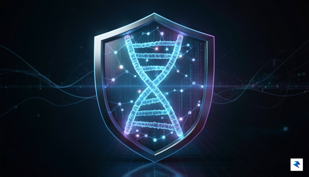 A conceptual illustration of a digital shield protecting a DNA…