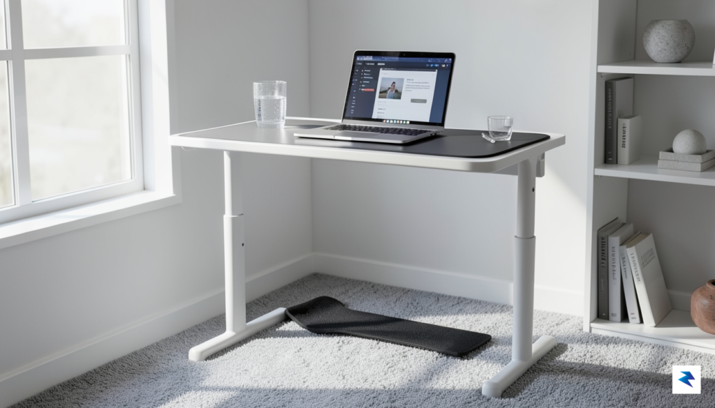 A sleek, modern home office setup featuring a compact walking…