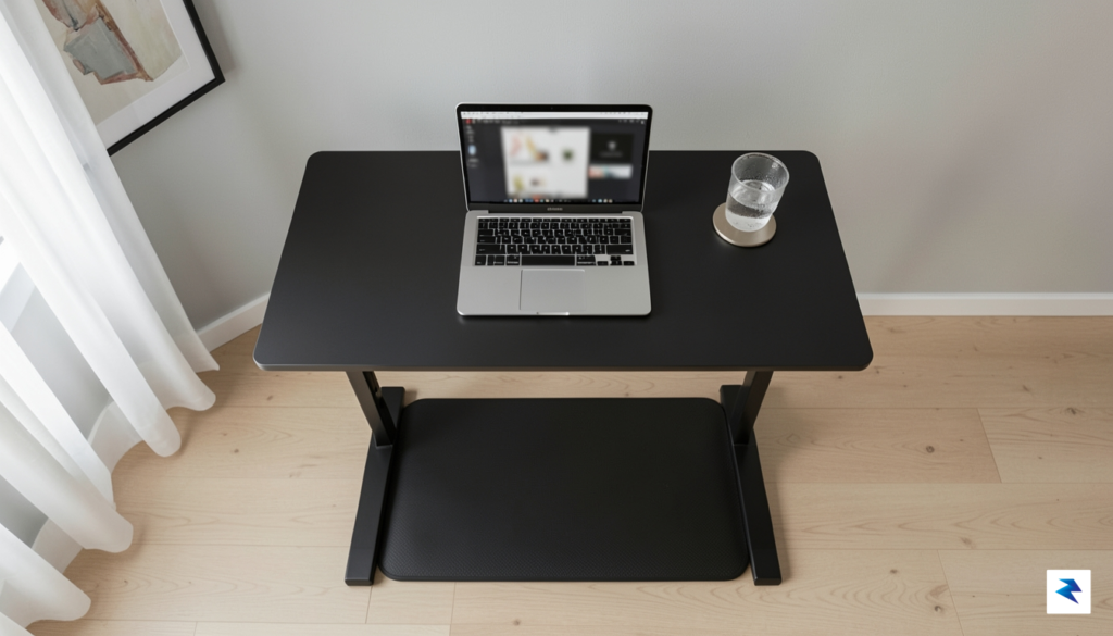 A top-down view of a modern, minimalist home office featuring…