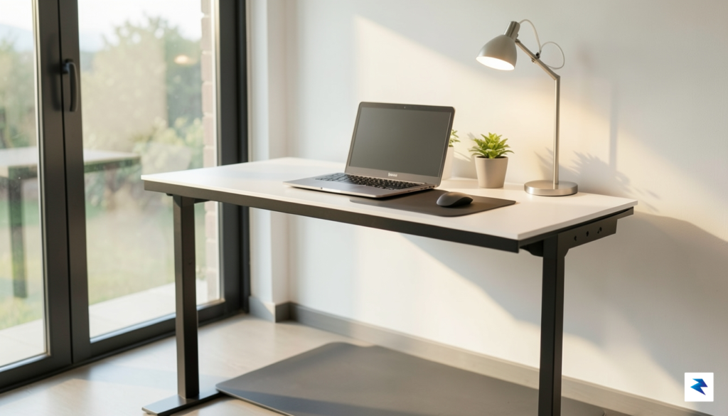 A modern, minimalist home office setup featuring a sleek, ultra-thin…