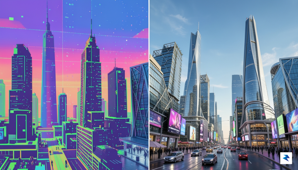 A split-screen comparison showing a pixelated, stylized draft of a…