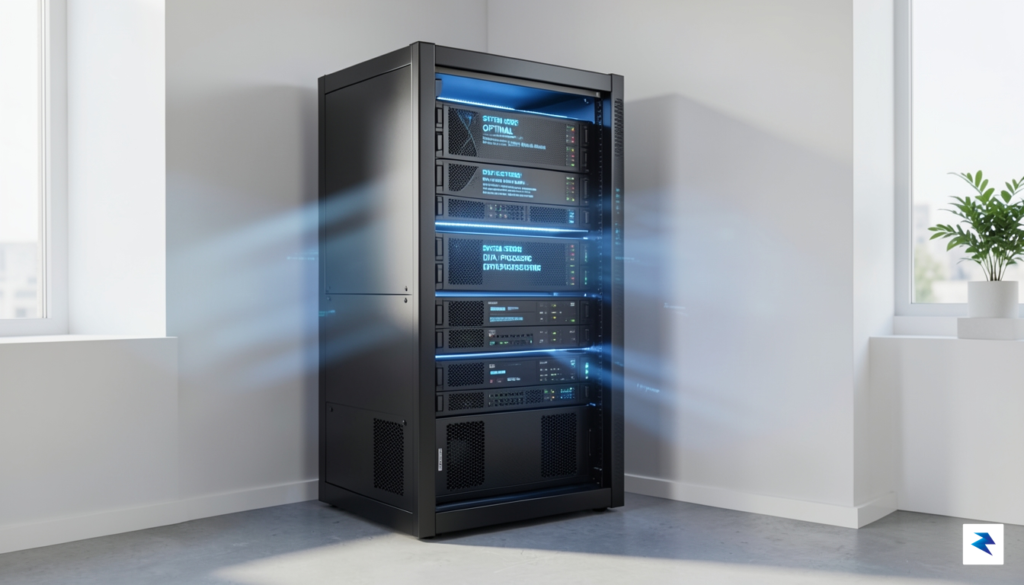 A conceptual 3D render of a small business server rack…