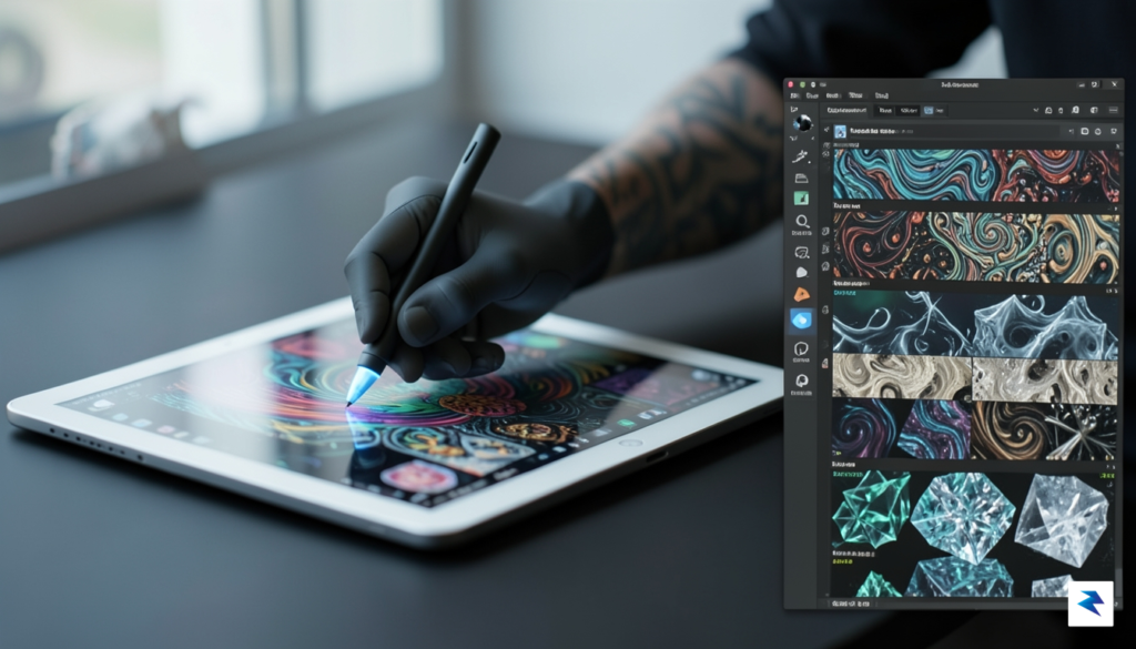 A close-up of a digital artist's hand using a stylus…