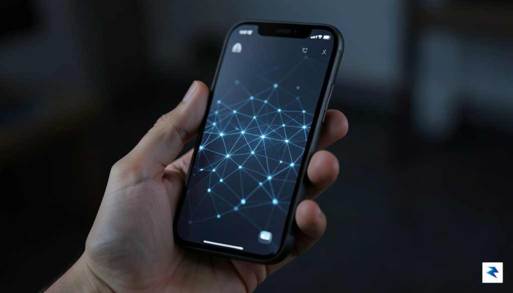 A futuristic, sleek smartphone held in a hand with a…