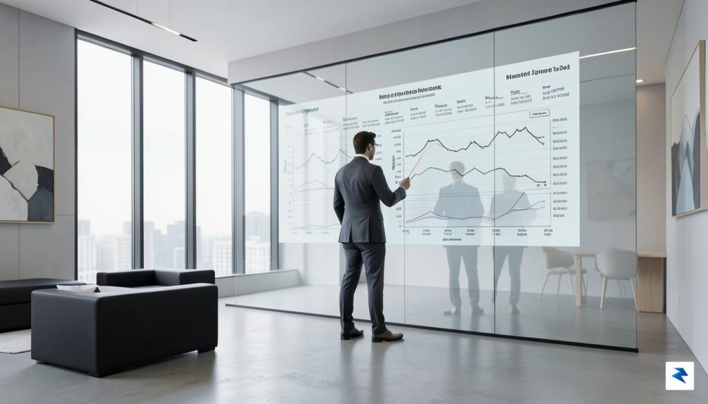 A modern, minimalist office space with a venture capitalist looking…