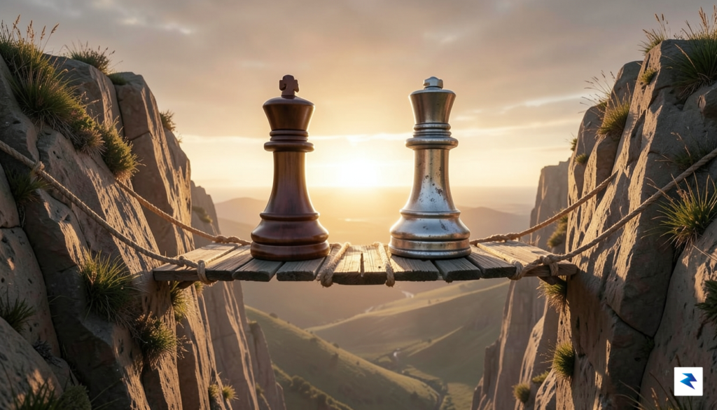 A conceptual illustration of two chess pieces, a king and…