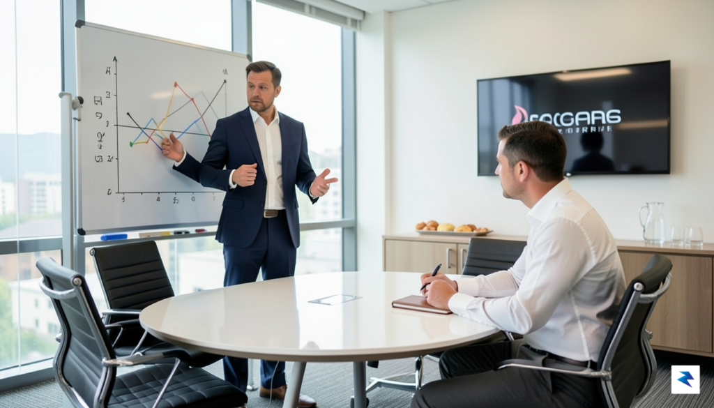 A sleek, modern conference room setting with a founder standing…