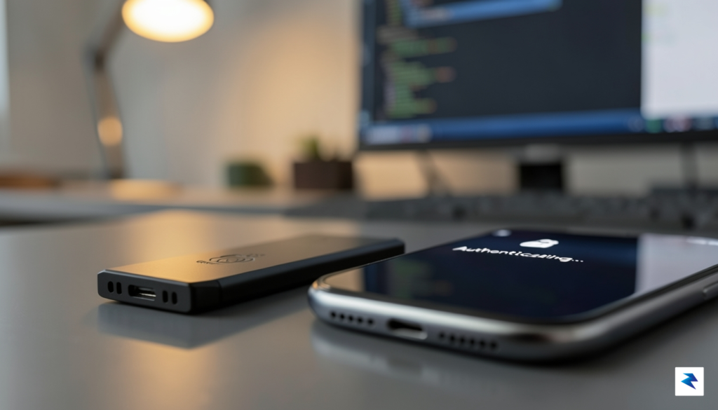 A close-up, high-quality photograph of a USB-C hardware security key…