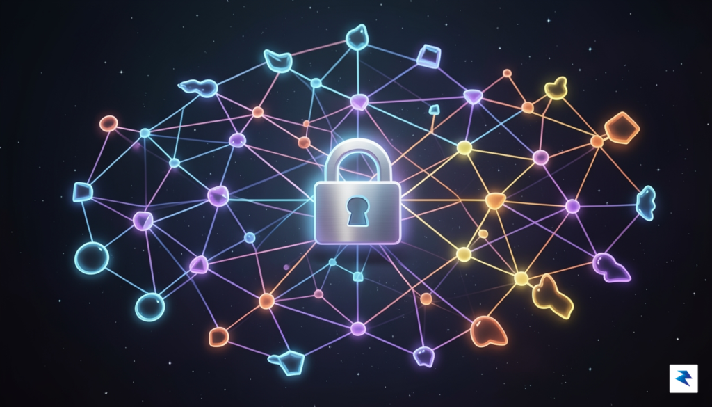 A conceptual, high-resolution digital illustration showing a glowing, interconnected web…