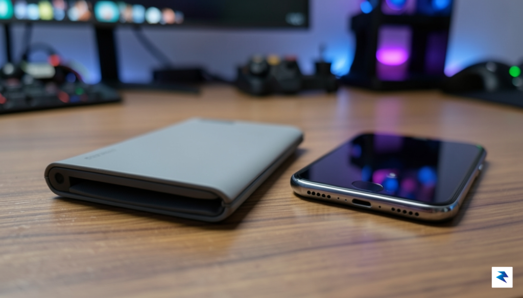 A close-up, high-resolution shot of the 8BitDo FlipPad folded shut…