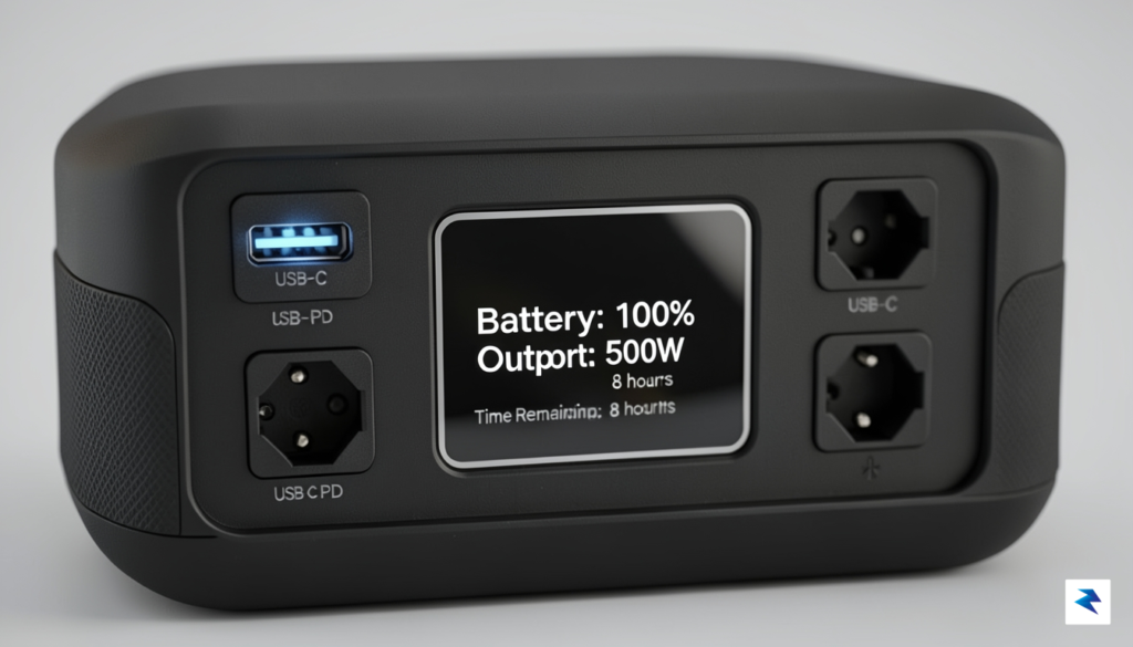 A close-up, high-detail shot of a modern portable power station&hellip;