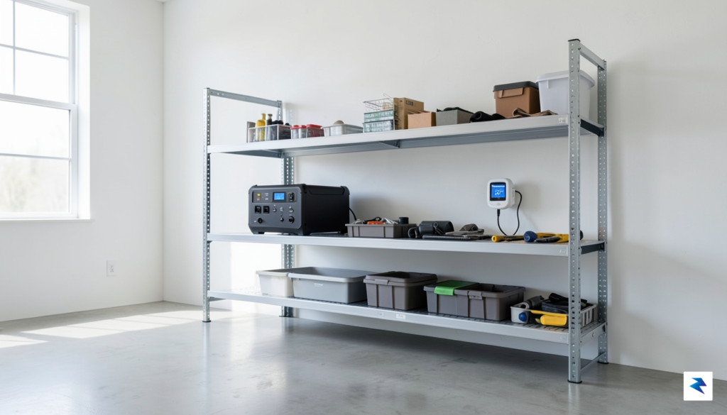 A clean, organized garage shelf holding a portable power station&hellip;