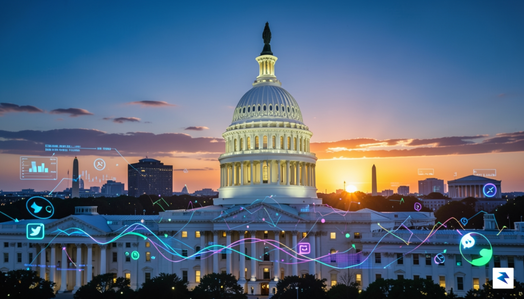 A wide-angle shot of the Washington, DC skyline at dusk,…