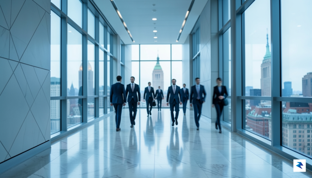 A wide-angle, cinematic shot of a modern, sleek government office…