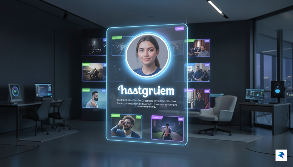 A futuristic digital interface showing a holographic Instagram profile with…