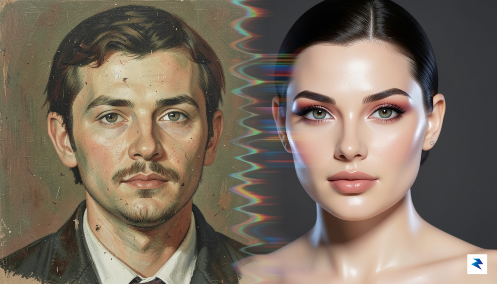 A conceptual digital art piece showing a split screen, one…