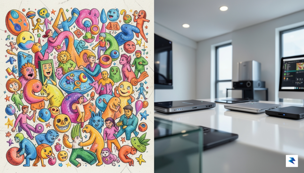 A split-screen digital art concept showing a vibrant, chaotic mix…