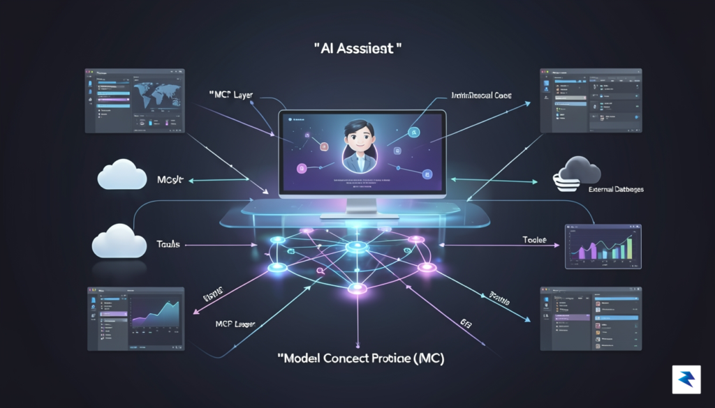 A conceptual diagram showing an AI assistant communicating with various&hellip;