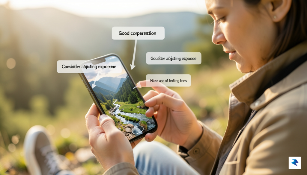 A person holding a smartphone, actively reviewing a photo with…