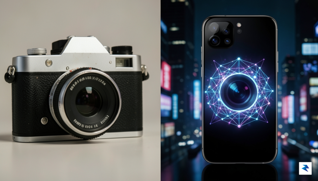 A conceptual split-screen showing a vintage 35mm film camera on…