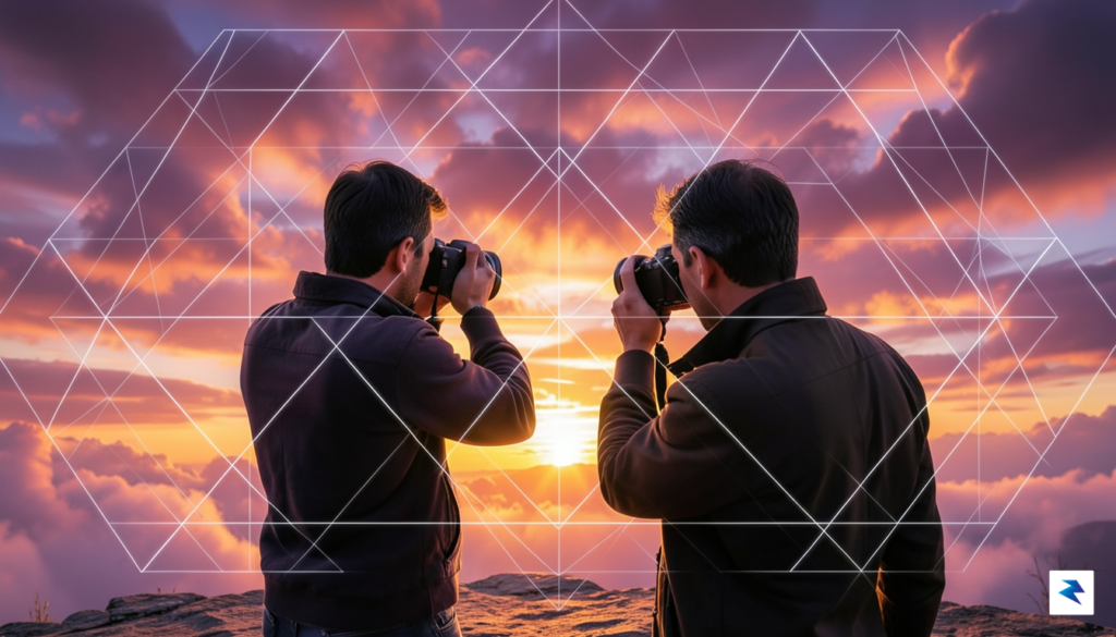 A conceptual digital illustration showing a human photographer looking through…