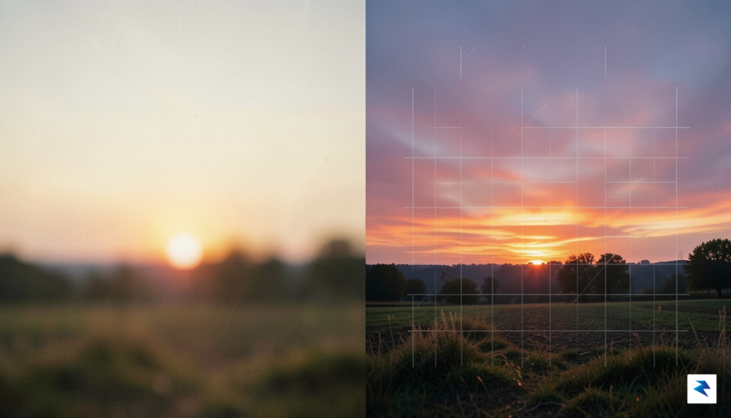A conceptual split-screen image showing a raw, unedited smartphone photo&hellip;